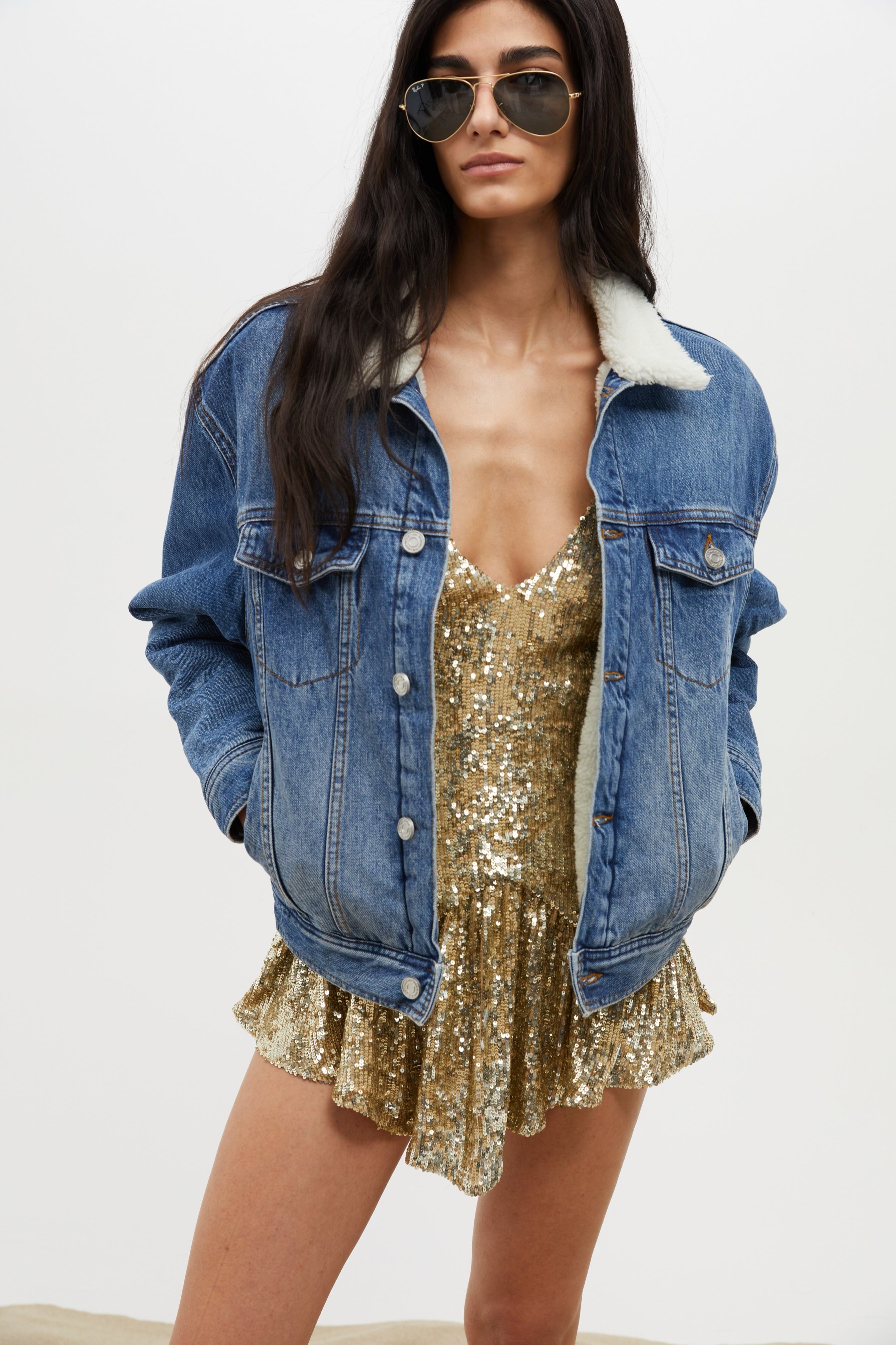 Jewelled Denim Shearling Jacket