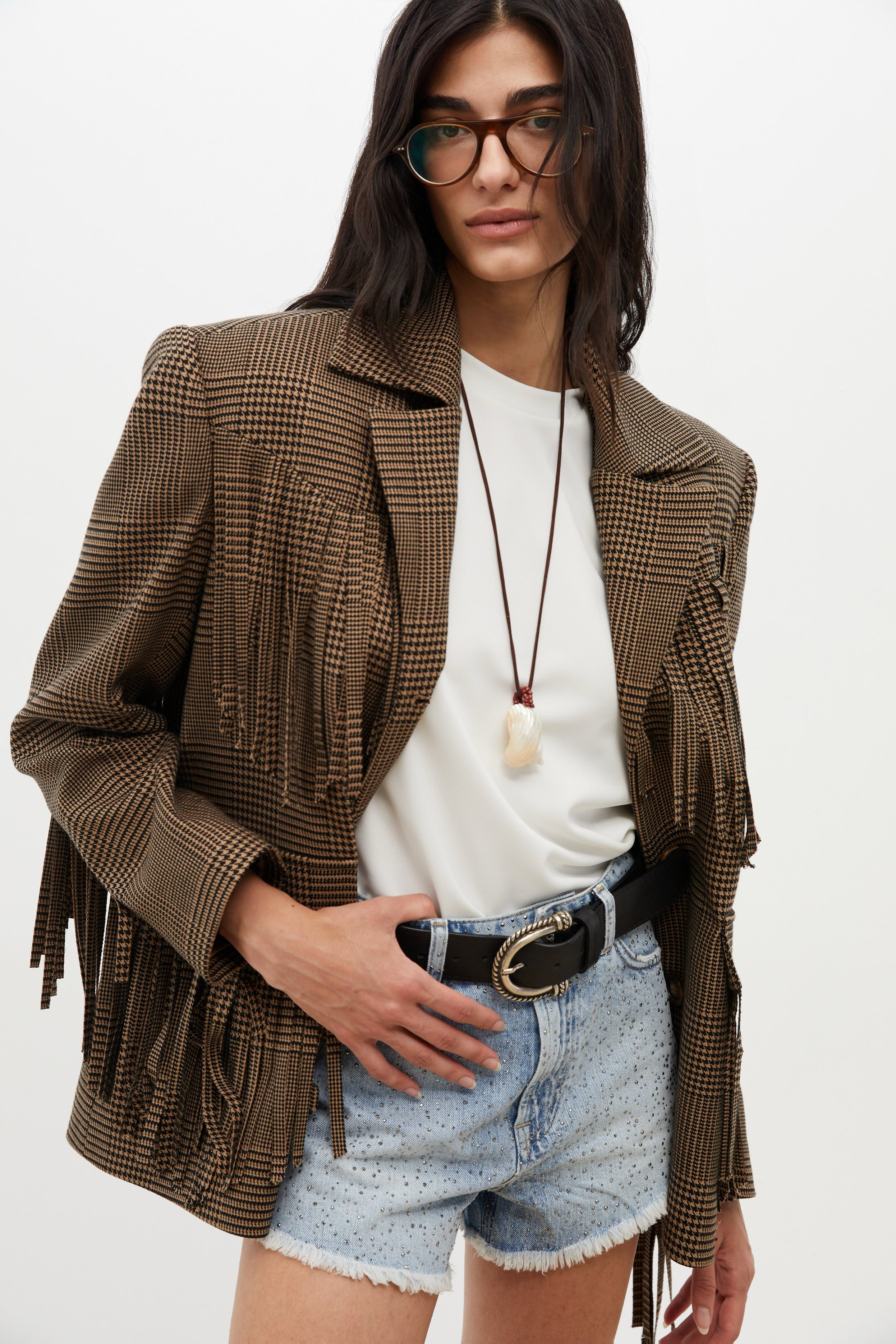 Brown Houndstooth Fringed Blazer